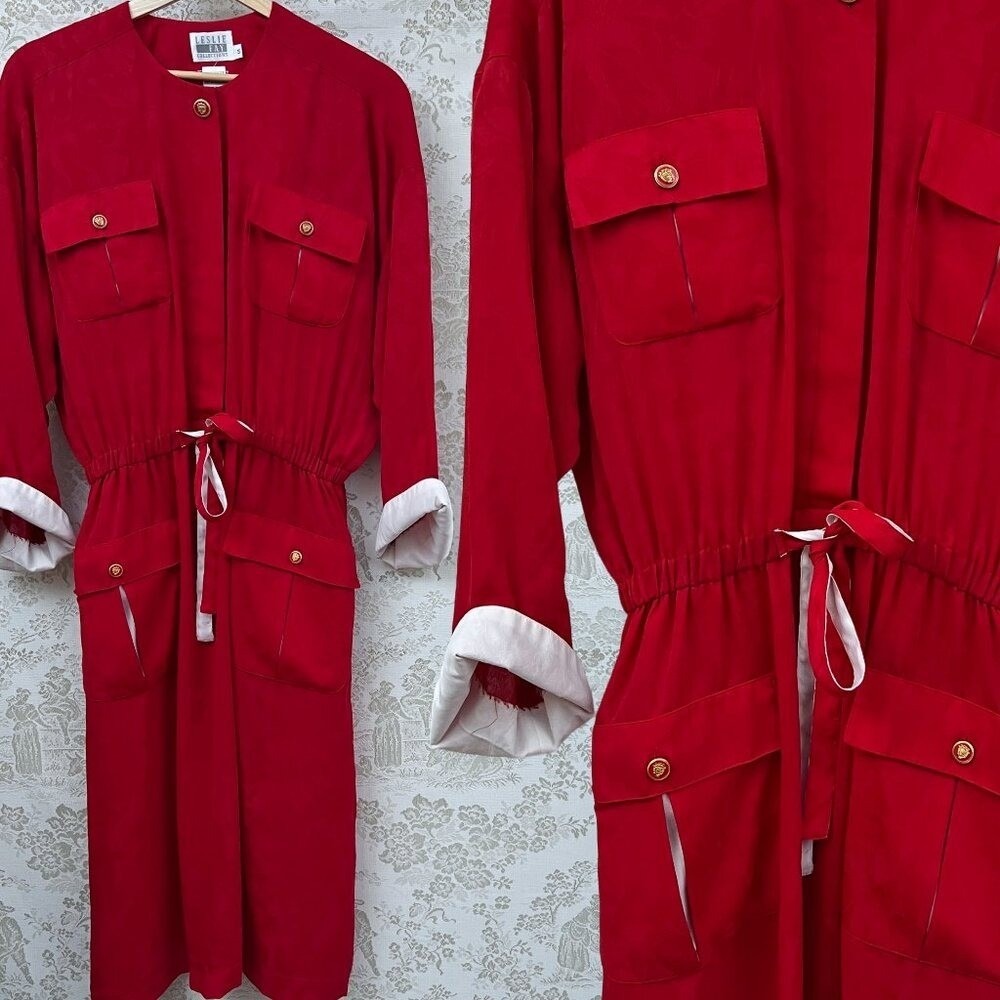 Leslie Fay Vtg Dress Holiday Red Midi Gold Preppy Button Old Money 14 Gma Santa - Picture 2 of 11